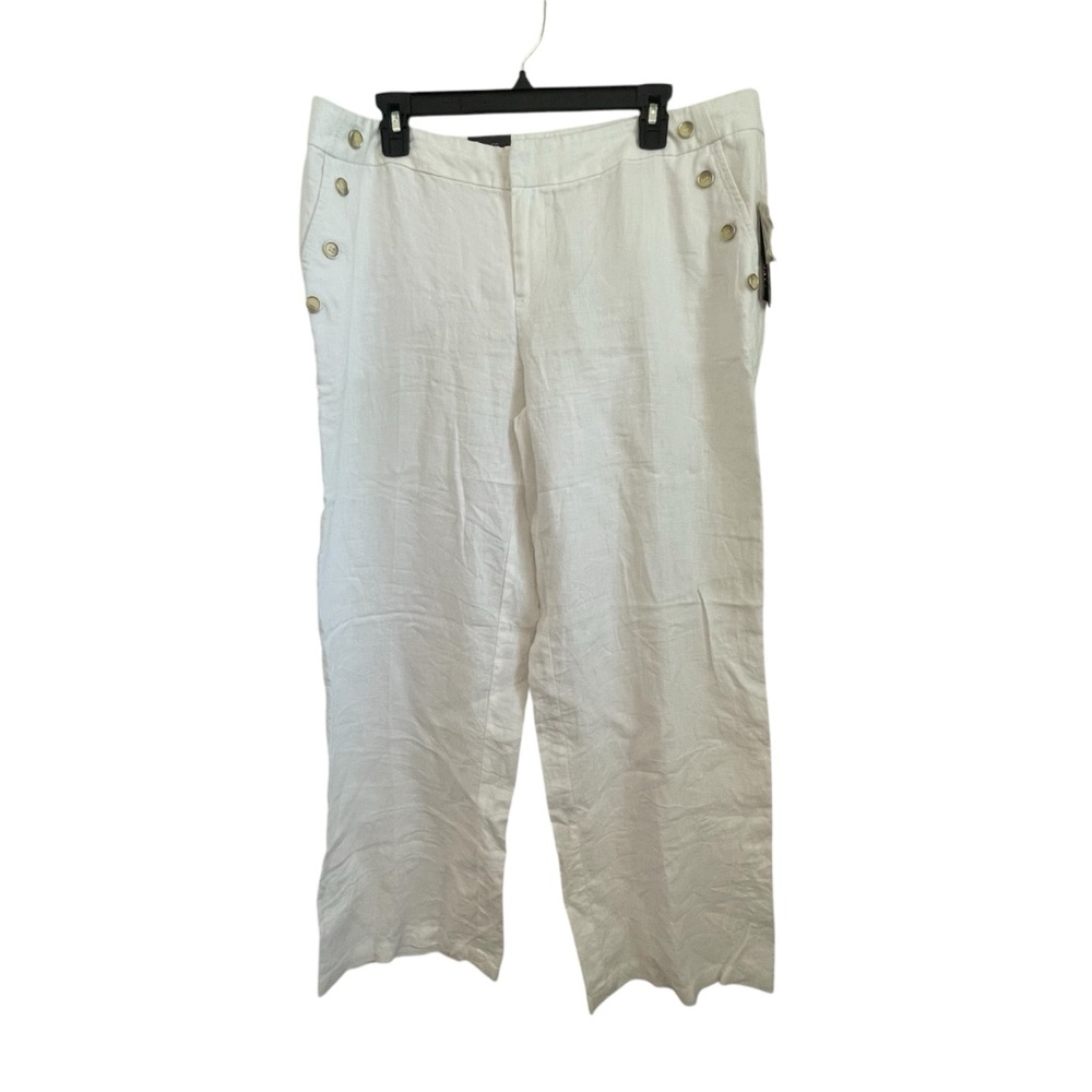 Inc. Wide Leg Curvy Fit White Linen Button-Detail Pants - 14